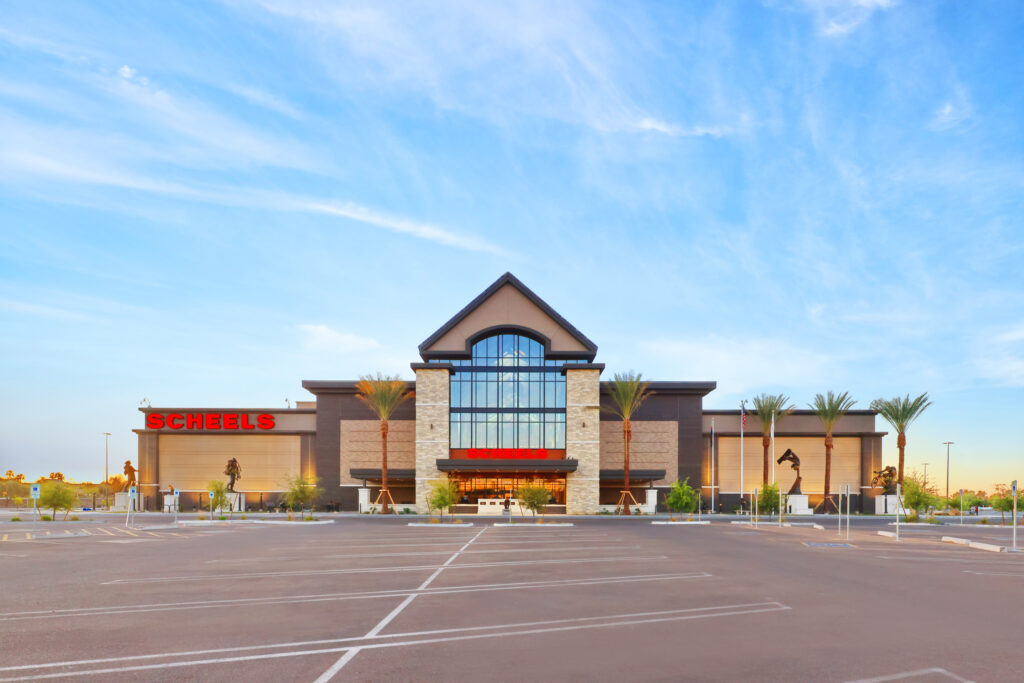 Exterior view of scheels sporting goods store with a large parking lot and palm trees under a clear blue sky.