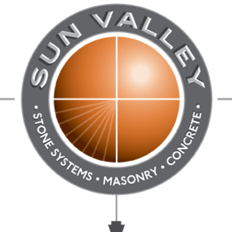 This is a logo featuring the words "sun valley" in bold letters at the top, with "stone systems," "masonry," and "concrete" written below. the graphic depicts a stylized.